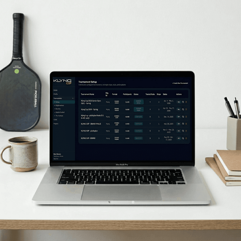 Klyng OS tournament management dashboard on clean minimalist desk